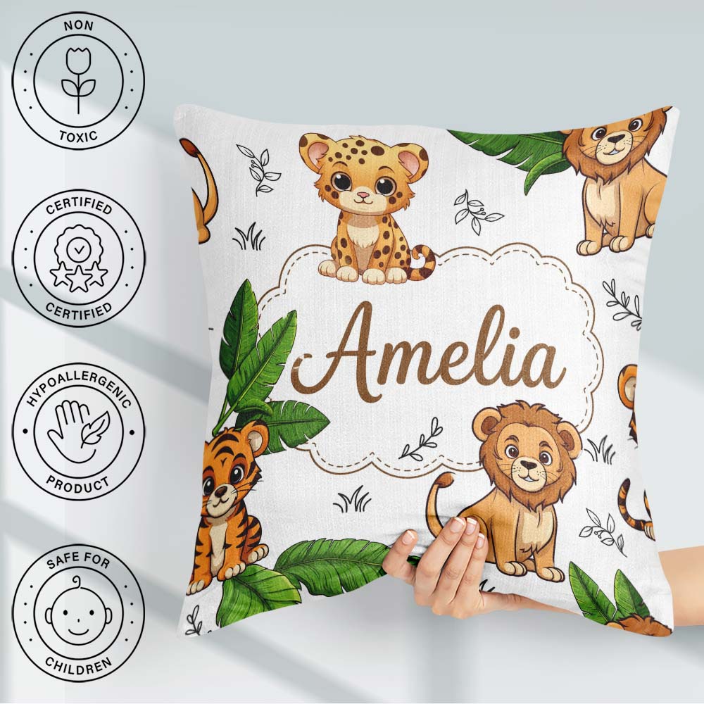 Custom Name Cute Jungle Animals Lion Tiger Blush Pink Background Square Filled Cushion Throw Pillow Sofa Bed Home Decor Zip Washable UK Made