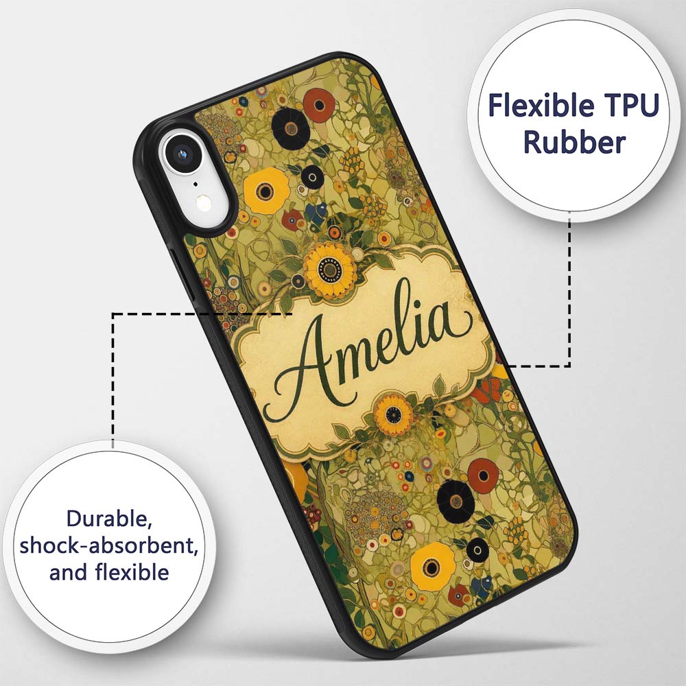 Minimal Botanical Floral Line Art Soft Yellow Custom Name Protective Phone Case Mobile Cover Durable Everyday Smartphone Shock Resistant