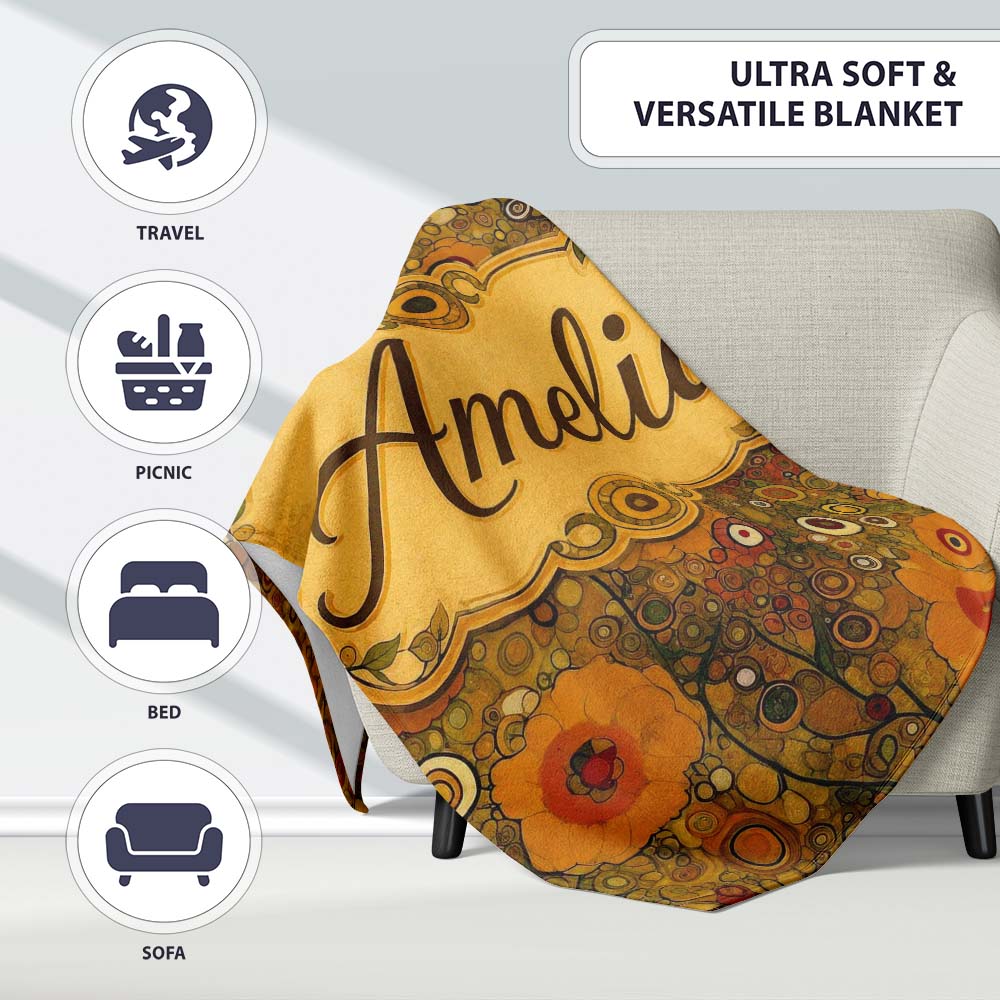 Golden Floral Meadow Abstract Circles Organic Texture Seamless Personalised Custom Name Super Soft Fleece Blanket Bed Sofa Throw