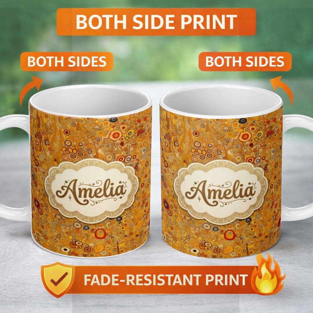 Personalized Custom Name Warm Amber Abstract Circle Texture Dense Pattern Artistic Seamless 11oz Ceramic Coffee Tea Mug White Large Handle