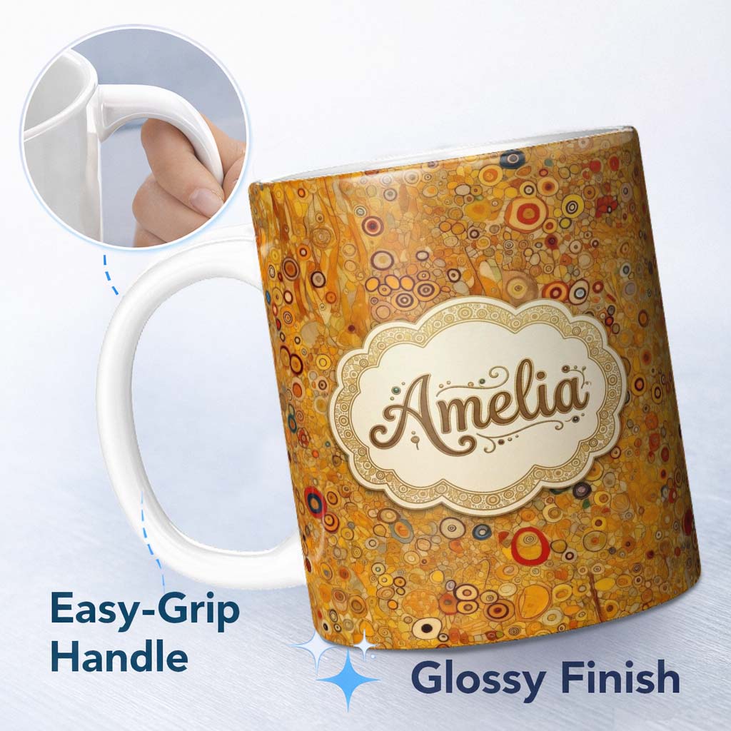 Personalized Custom Name Warm Amber Abstract Circle Texture Dense Pattern Artistic Seamless 11oz Ceramic Coffee Tea Mug White Large Handle