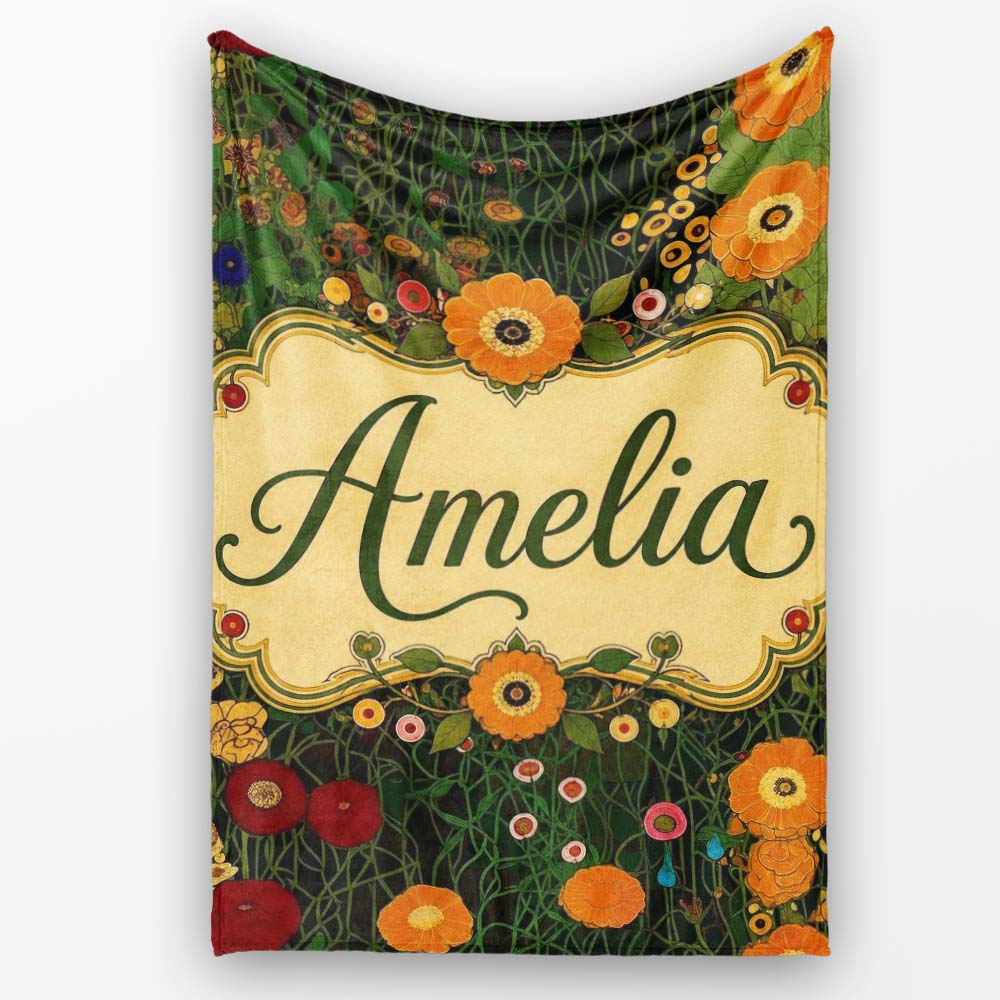 Lush Green Floral Garden Detailed Leaves Blossoms Seamless Pattern Personalised Custom Name Super Soft Fleece Blanket Bed Sofa Throw