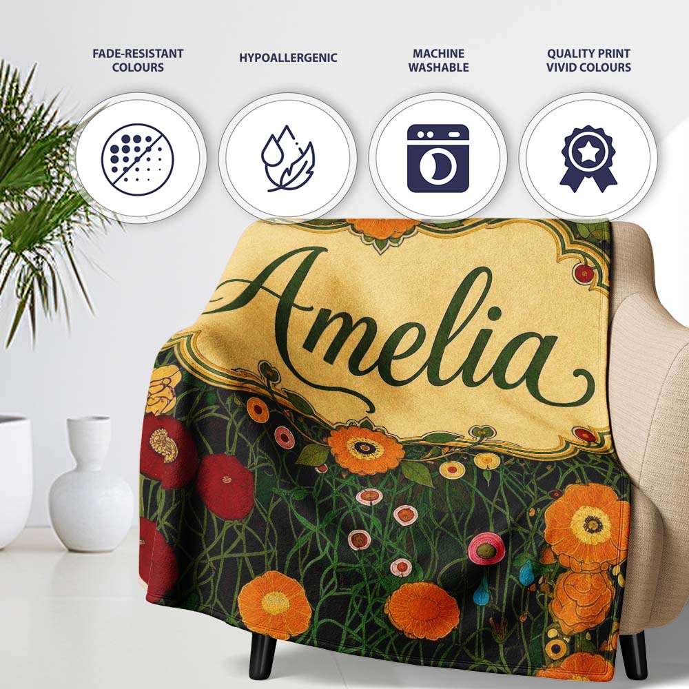 Lush Green Floral Garden Detailed Leaves Blossoms Seamless Pattern Personalised Custom Name Super Soft Fleece Blanket Bed Sofa Throw