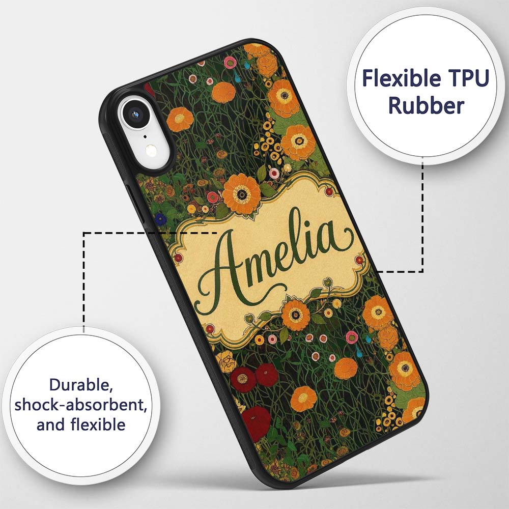 Lush Green Floral Garden Detailed Leaves Blossoms Custom Name Protective Phone Case Mobile Cover Durable Everyday Smartphone Shock Resistant
