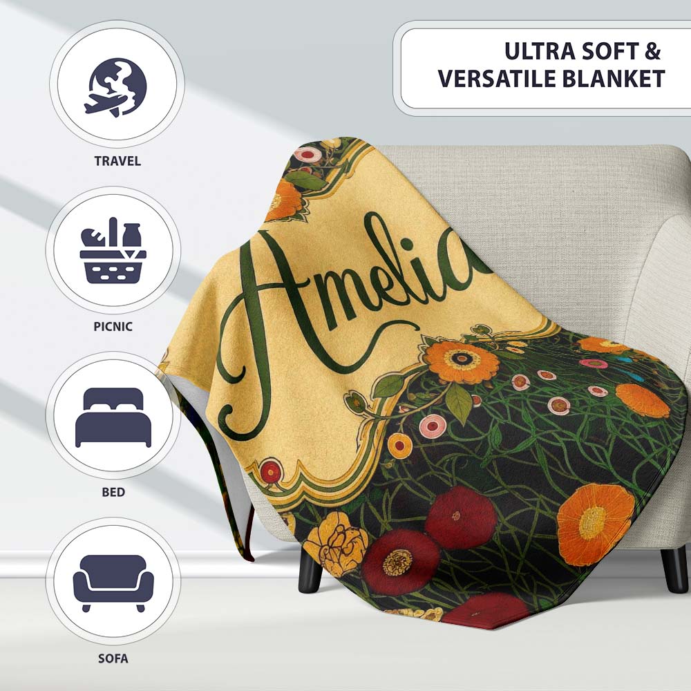 Lush Green Floral Garden Detailed Leaves Blossoms Seamless Pattern Personalised Custom Name Super Soft Fleece Blanket Bed Sofa Throw