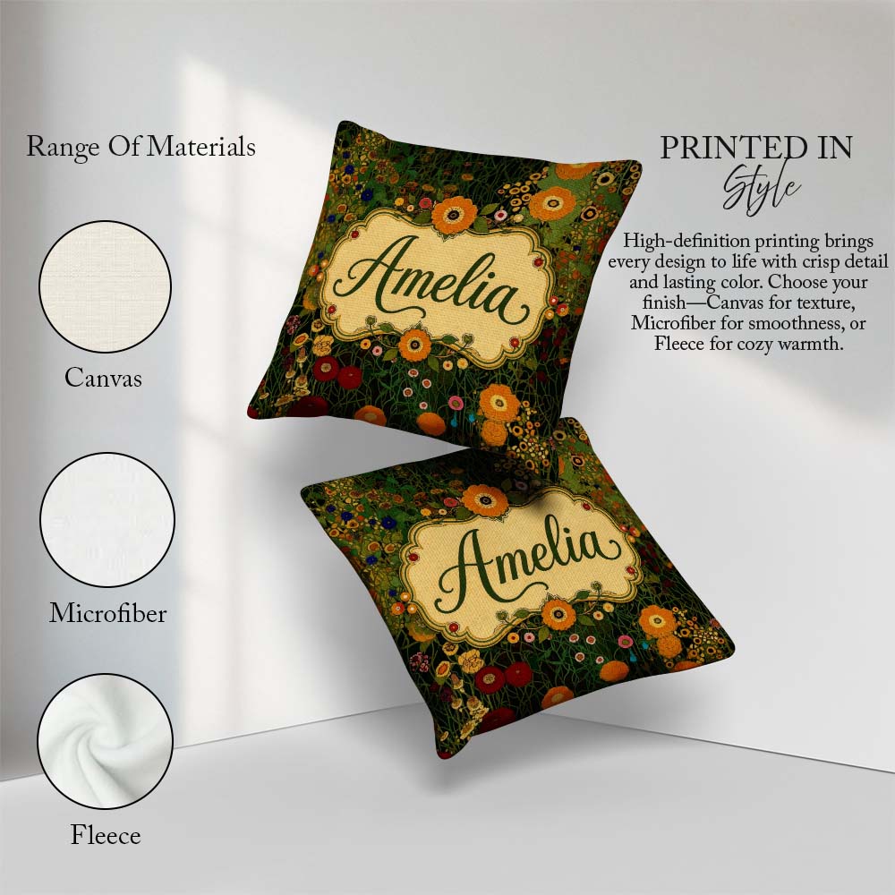 Custom Name Lush Floral Garden Detailed Leaves Blossoms Seamless Square Filled Cushion Throw Pillow Sofa Bed Home Decor Zip Washable UK Made