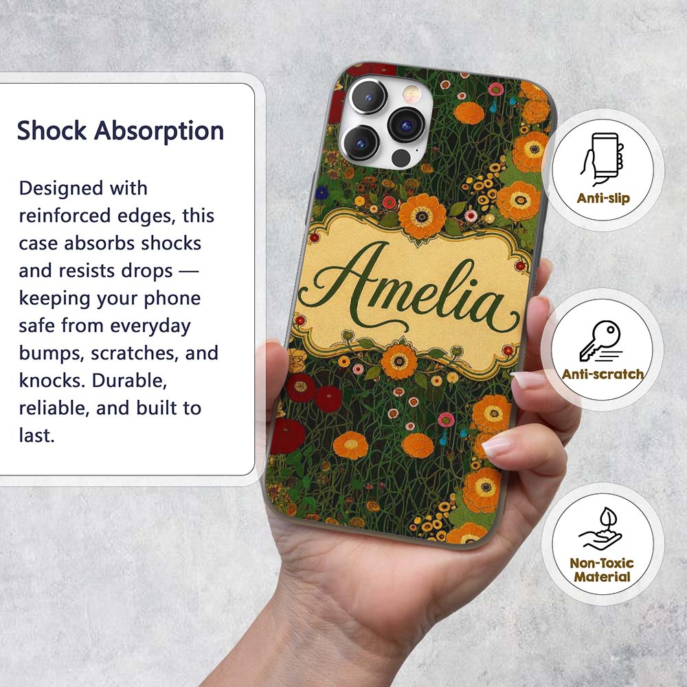 Lush Green Floral Garden Detailed Leaves Blossoms Custom Name Protective Phone Case Mobile Cover Durable Everyday Smartphone Shock Resistant