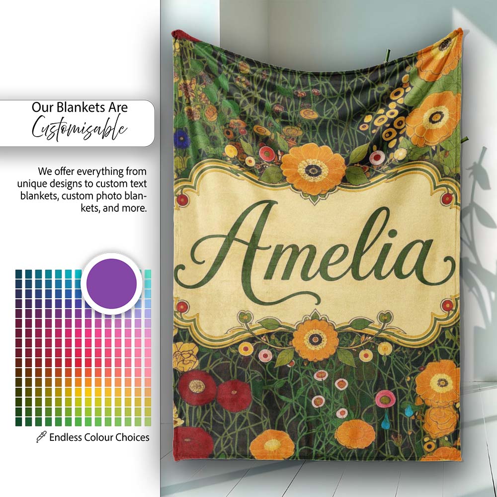 Lush Green Floral Garden Detailed Leaves Blossoms Seamless Pattern Personalised Custom Name Super Soft Fleece Blanket Bed Sofa Throw