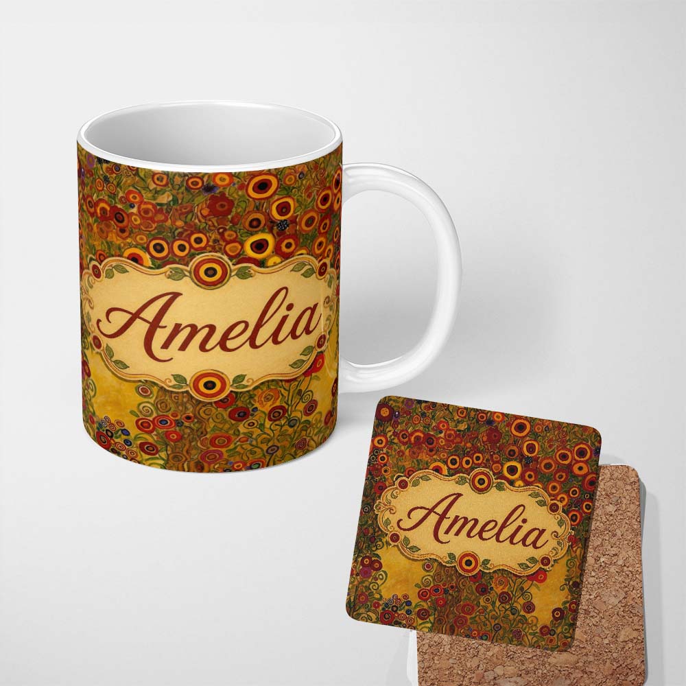Personalized Custom Name Rich Red Floral Tree Abstract Blossoms Warm Tones Seamless Pattern 11oz Ceramic Coffee Tea Mug White Large Handle