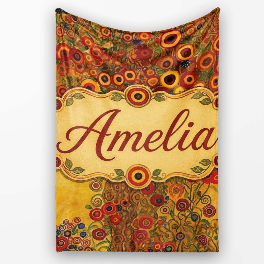 Rich Red Floral Tree Abstract Blossoms Warm Tones Seamless Pattern Personalised Custom Name Super Soft Fleece Blanket Bed Sofa Throw