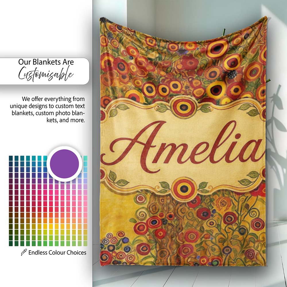 Rich Red Floral Tree Abstract Blossoms Warm Tones Seamless Pattern Personalised Custom Name Super Soft Fleece Blanket Bed Sofa Throw