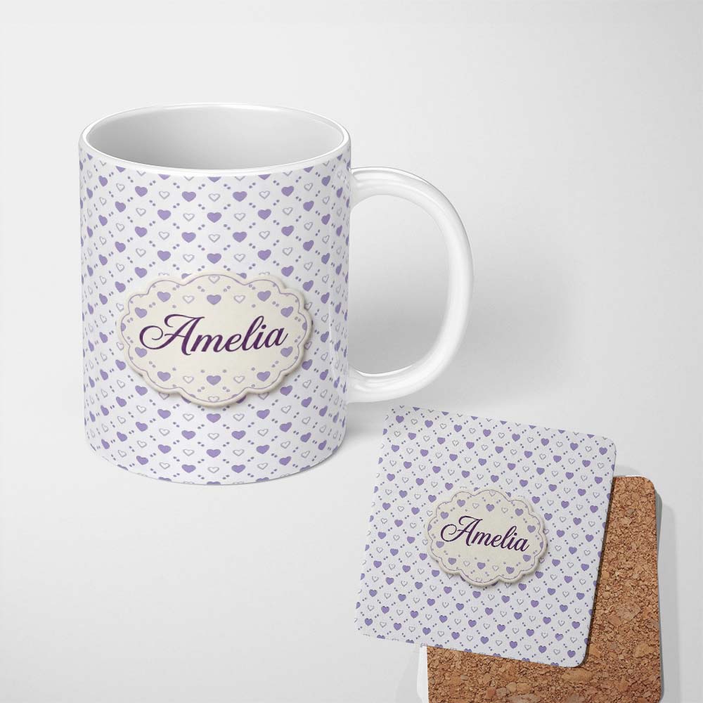 Personalized Custom Name Purple Heart Repeat Pattern Cute Minimal Love Theme Seamless Design 11oz Ceramic Coffee Tea Mug White Large Handle