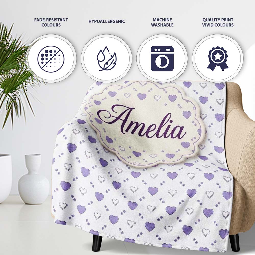 Purple Heart Repeat Pattern Cute Minimal Love Theme Seamless Design Personalised Custom Name Super Soft Fleece Blanket Bed Sofa Throw