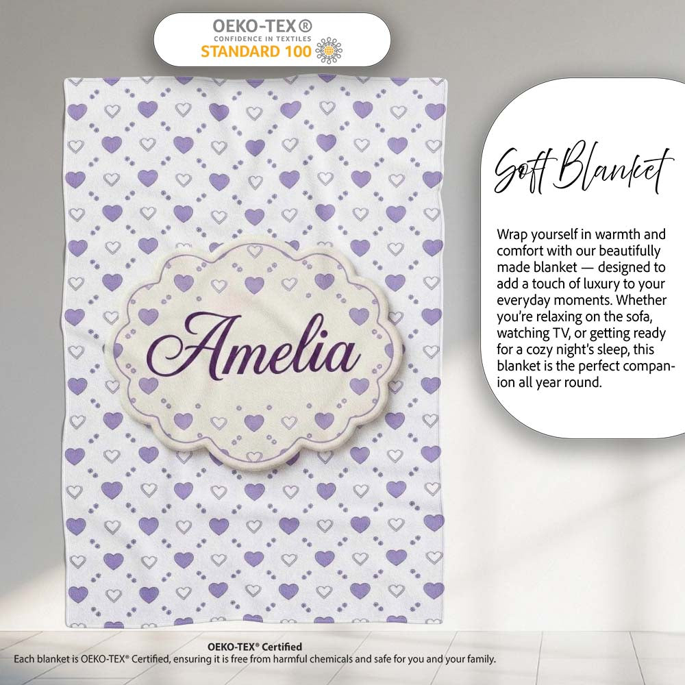 Purple Heart Repeat Pattern Cute Minimal Love Theme Seamless Design Personalised Custom Name Super Soft Fleece Blanket Bed Sofa Throw