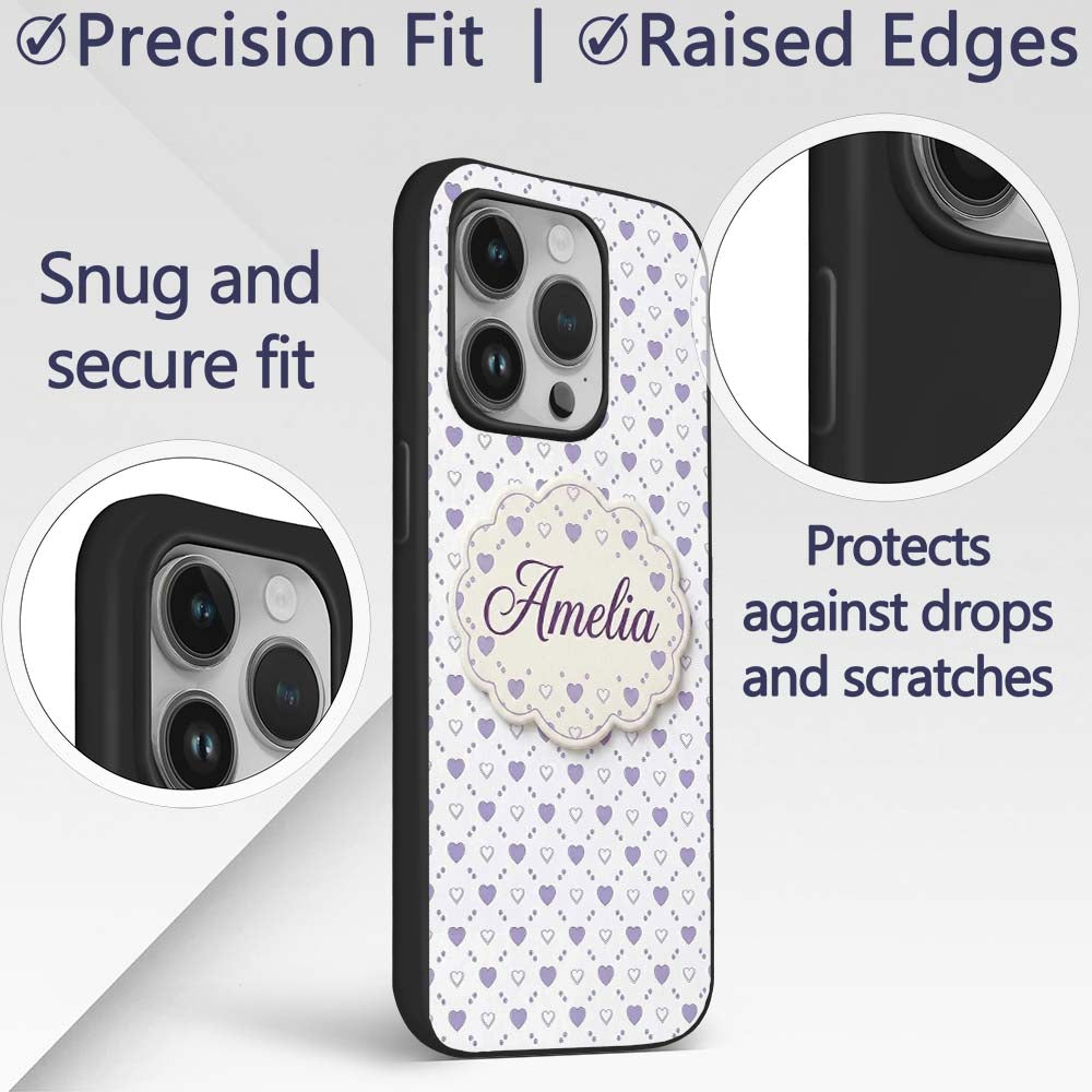 Purple Heart Repeat Pattern Cute Minimal Love Custom Name Protective Phone Case Mobile Cover Durable Everyday Smartphone Shock Resistant