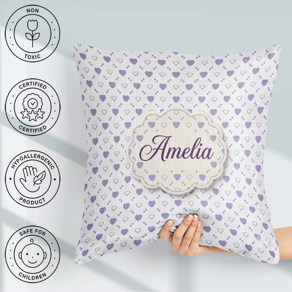 Custom Name Purple Heart Repeat Pattern Minimal Seamless Design Square Filled Cushion Throw Pillow Sofa Bed Home Decor Zip Washable UK Made
