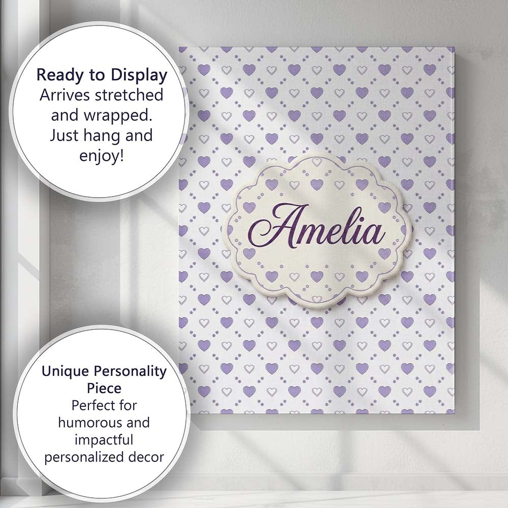 Personalised Name Purple Heart Repeat Custom Modern Room Accent Creative Decorator Style Canvas Wall Art Print Decor Picture Ready to Hang