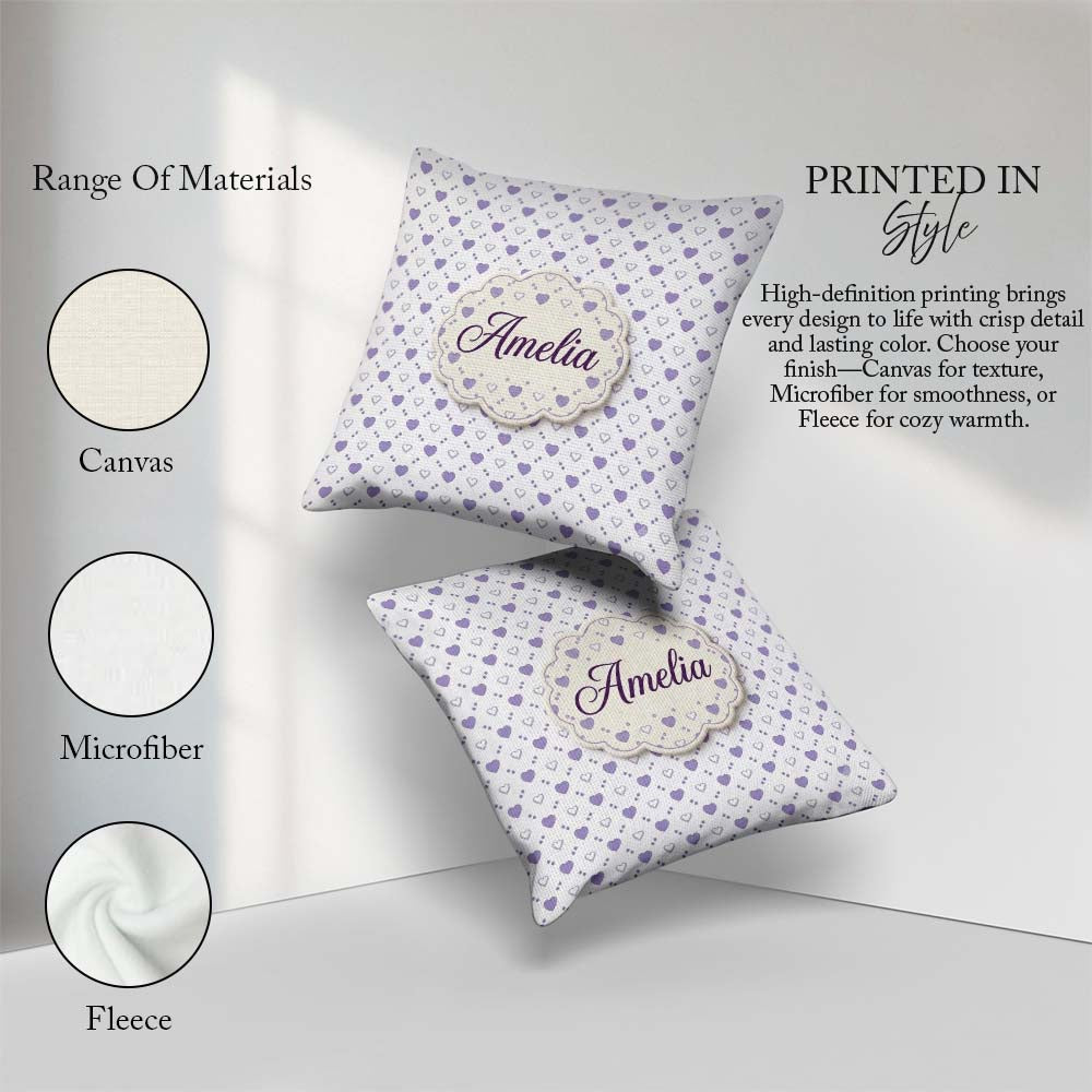 Custom Name Purple Heart Repeat Pattern Minimal Seamless Design Square Filled Cushion Throw Pillow Sofa Bed Home Decor Zip Washable UK Made
