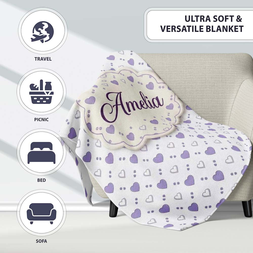 Purple Heart Repeat Pattern Cute Minimal Love Theme Seamless Design Personalised Custom Name Super Soft Fleece Blanket Bed Sofa Throw