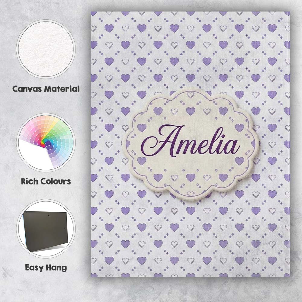 Personalised Name Purple Heart Repeat Custom Modern Room Accent Creative Decorator Style Canvas Wall Art Print Decor Picture Ready to Hang