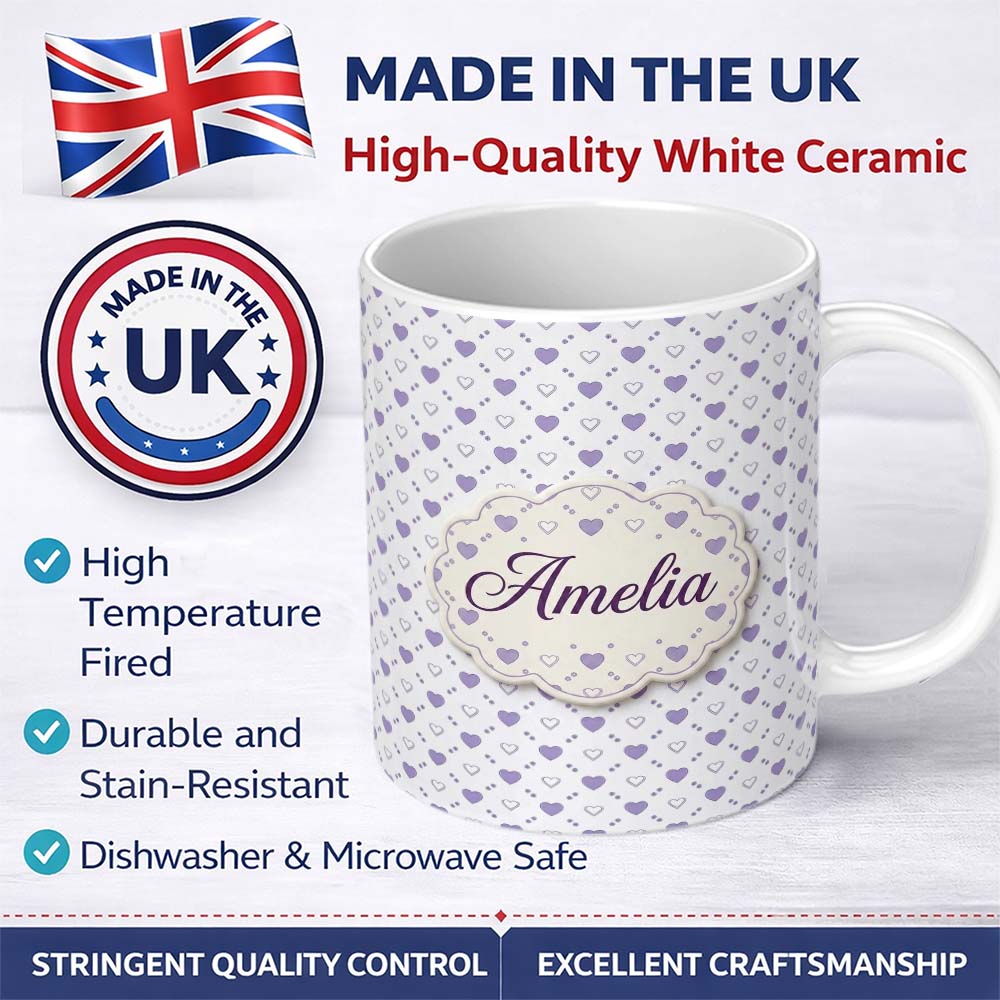 Personalized Custom Name Purple Heart Repeat Pattern Cute Minimal Love Theme Seamless Design 11oz Ceramic Coffee Tea Mug White Large Handle