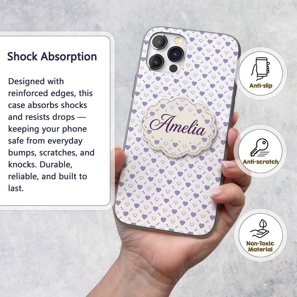 Purple Heart Repeat Pattern Cute Minimal Love Custom Name Protective Phone Case Mobile Cover Durable Everyday Smartphone Shock Resistant