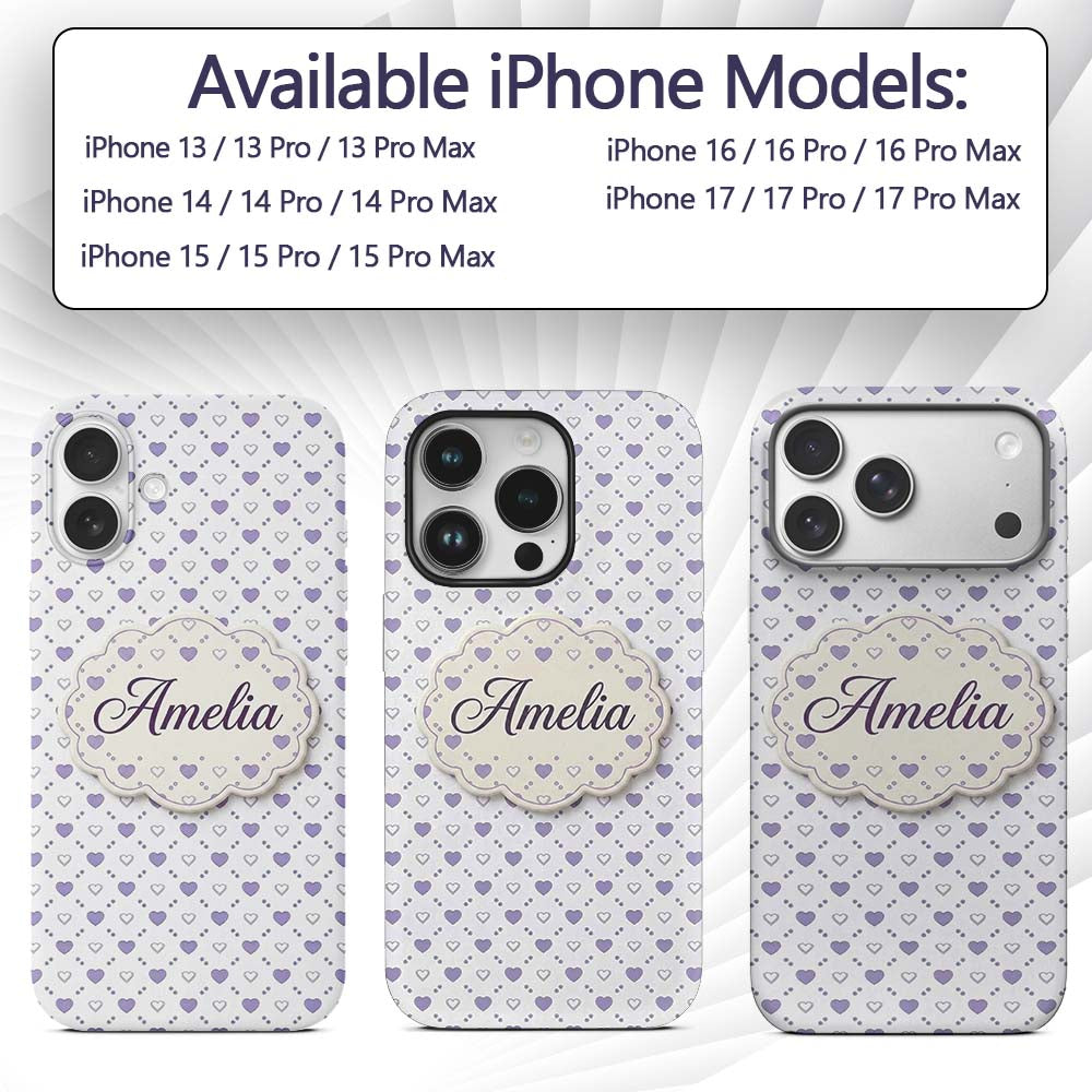 Purple Heart Repeat Pattern Cute Minimal Love Custom Name Protective Phone Case Mobile Cover Durable Everyday Smartphone Shock Resistant
