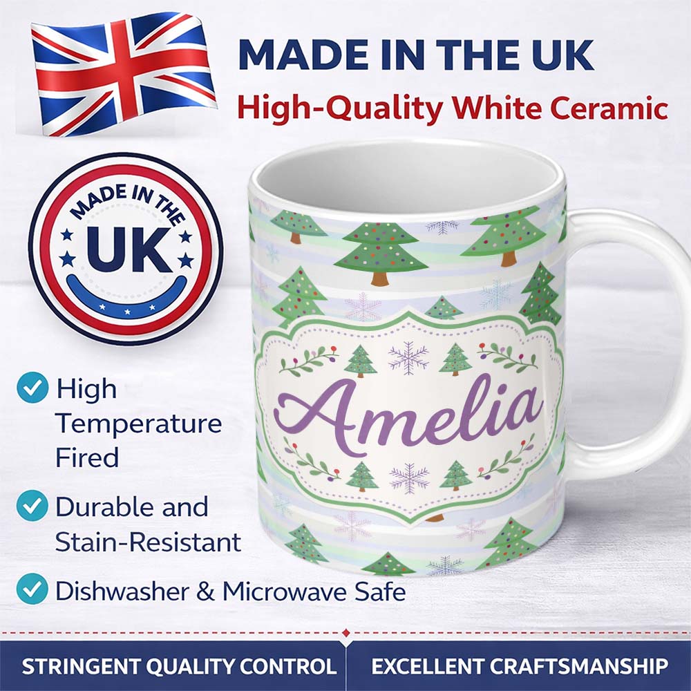 Personalized Custom Name Pastel Christmas Trees with Snowflakes and Soft Stripes Seamless 11oz Ceramic Coffee Tea Mug White Large Handle
