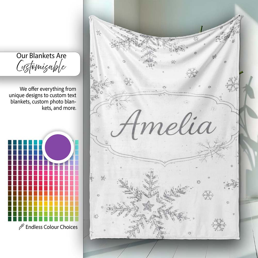 Black Snowflake Sketch Pattern on White Seamless Cute Unique Gift Personalised Custom Name Super Soft Fleece Blanket Bed Sofa Throw