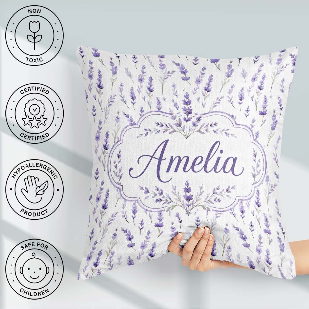 Custom Name Lavender Floral Sprigs Soft Seamless Pattern Elegant Square Filled Cushion Throw Pillow Sofa Bed Home Decor Zip Washable UK Made