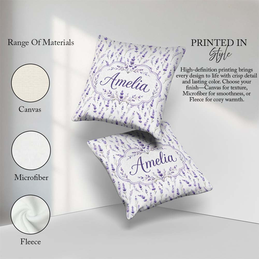 Custom Name Lavender Floral Sprigs Soft Seamless Pattern Elegant Square Filled Cushion Throw Pillow Sofa Bed Home Decor Zip Washable UK Made
