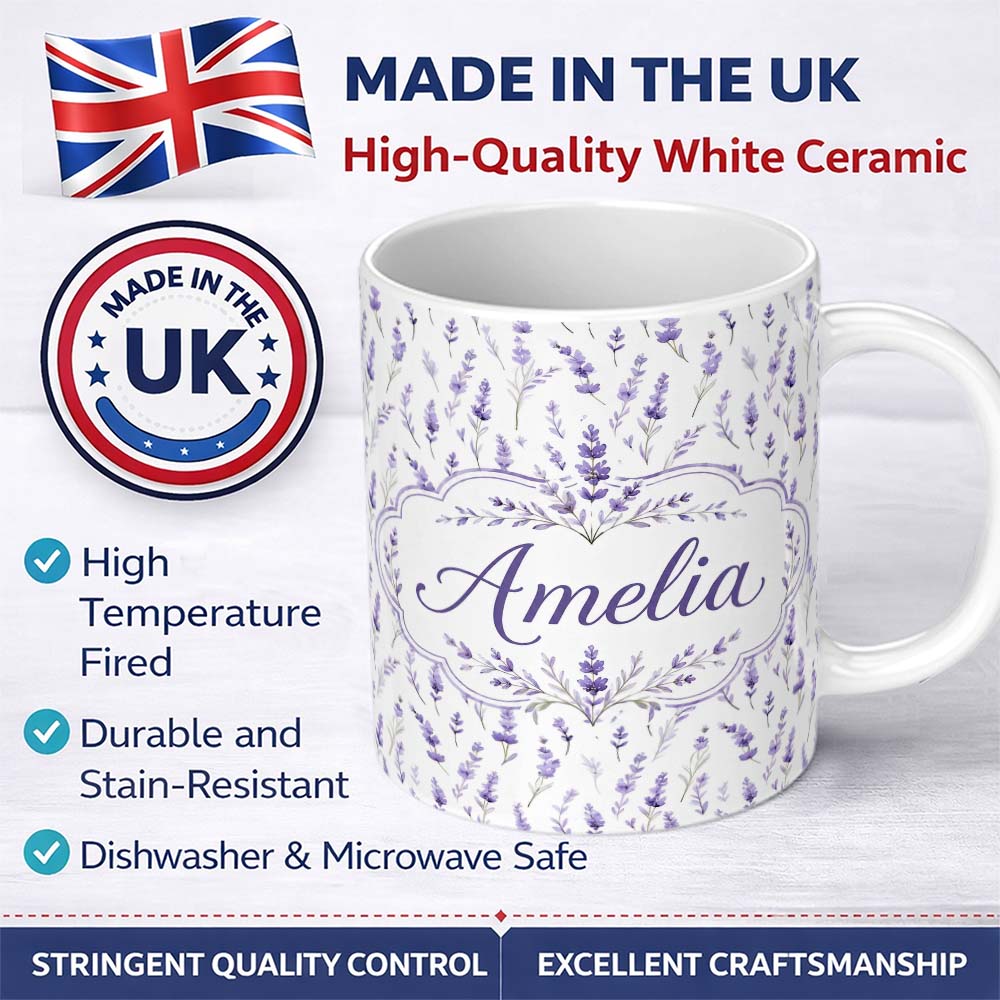 Personalized Custom Name Lavender Floral Sprigs Soft Botanical Seamless Pattern Elegant 11oz Ceramic Coffee Tea Mug White Large Handle