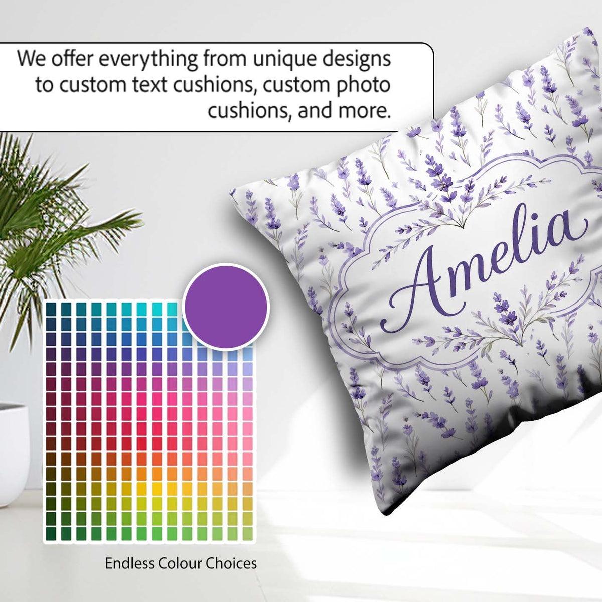 Custom Name Lavender Floral Sprigs Soft Seamless Pattern Elegant Square Filled Cushion Throw Pillow Sofa Bed Home Decor Zip Washable UK Made