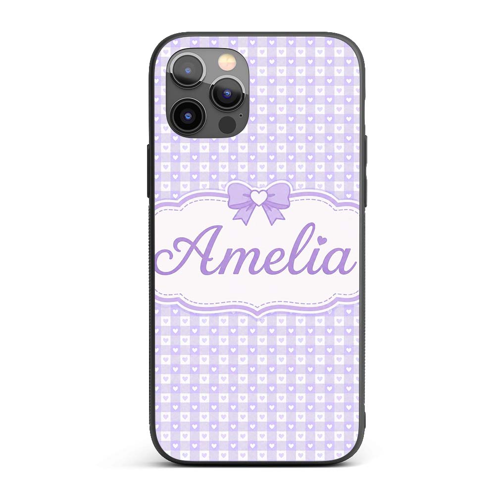 Lilac Gingham Hearts Cute Check Pattern Soft Custom Name Protective Phone Case Mobile Cover Durable Everyday Smartphone Shock Resistant
