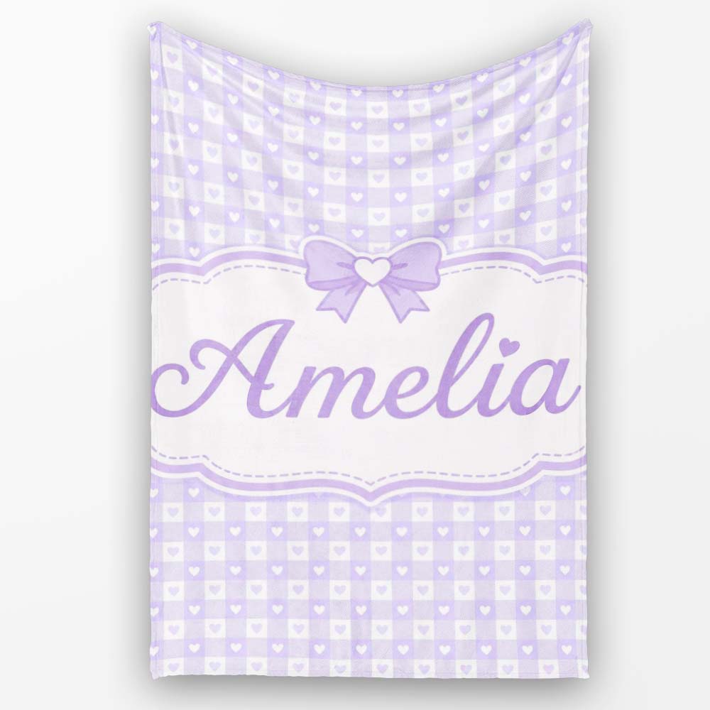 Lilac Gingham Hearts Cute Check Pattern Soft Pastel Seamless Design Personalised Custom Name Super Soft Fleece Blanket Bed Sofa Throw