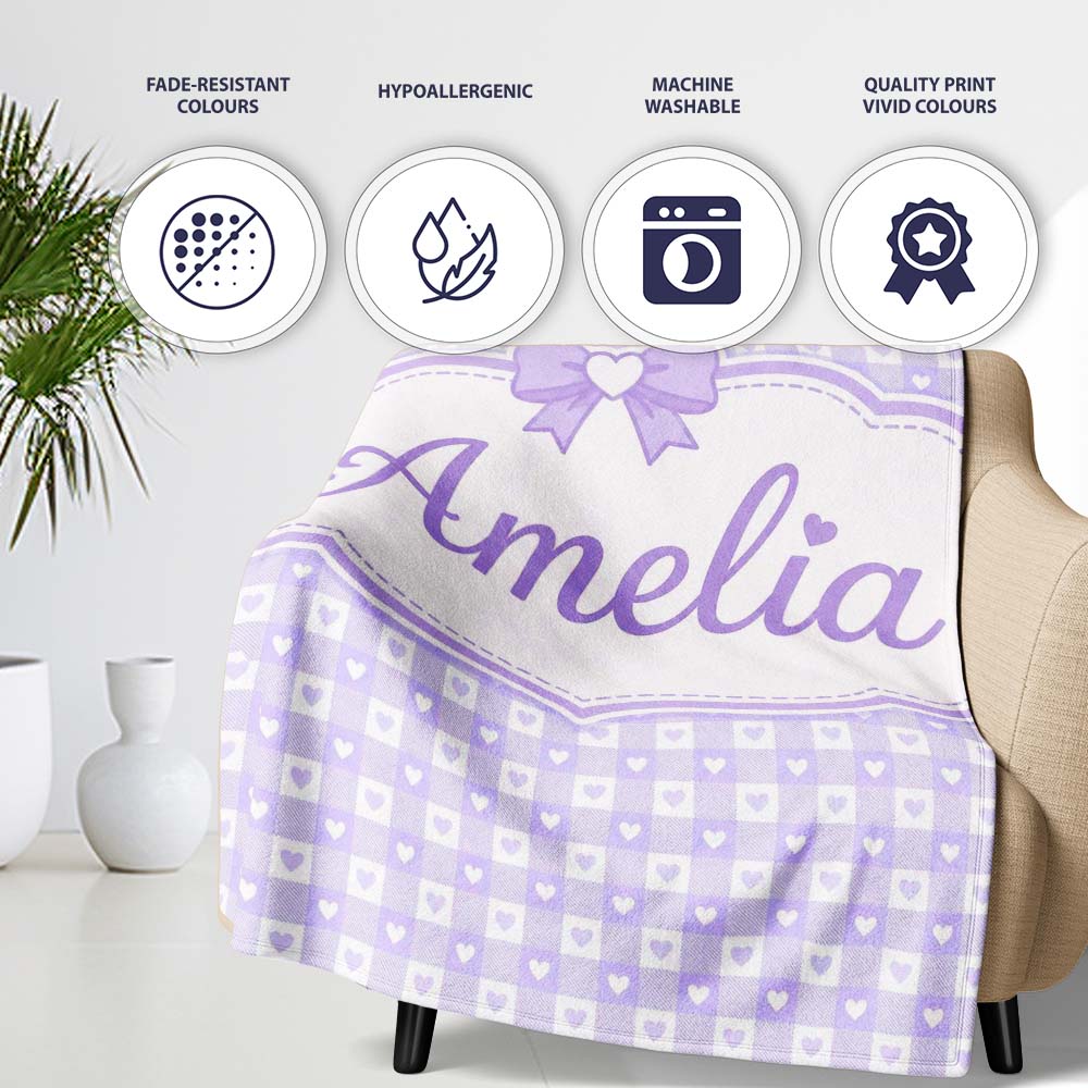 Lilac Gingham Hearts Cute Check Pattern Soft Pastel Seamless Design Personalised Custom Name Super Soft Fleece Blanket Bed Sofa Throw
