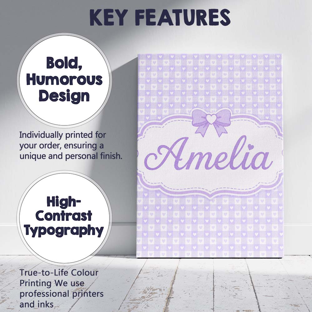 Personalised Name Lilac Gingham Hearts Cute Custom Bespoke Interior Contemporary Canvas Wall Art Print Decor Picture Ready to Hang