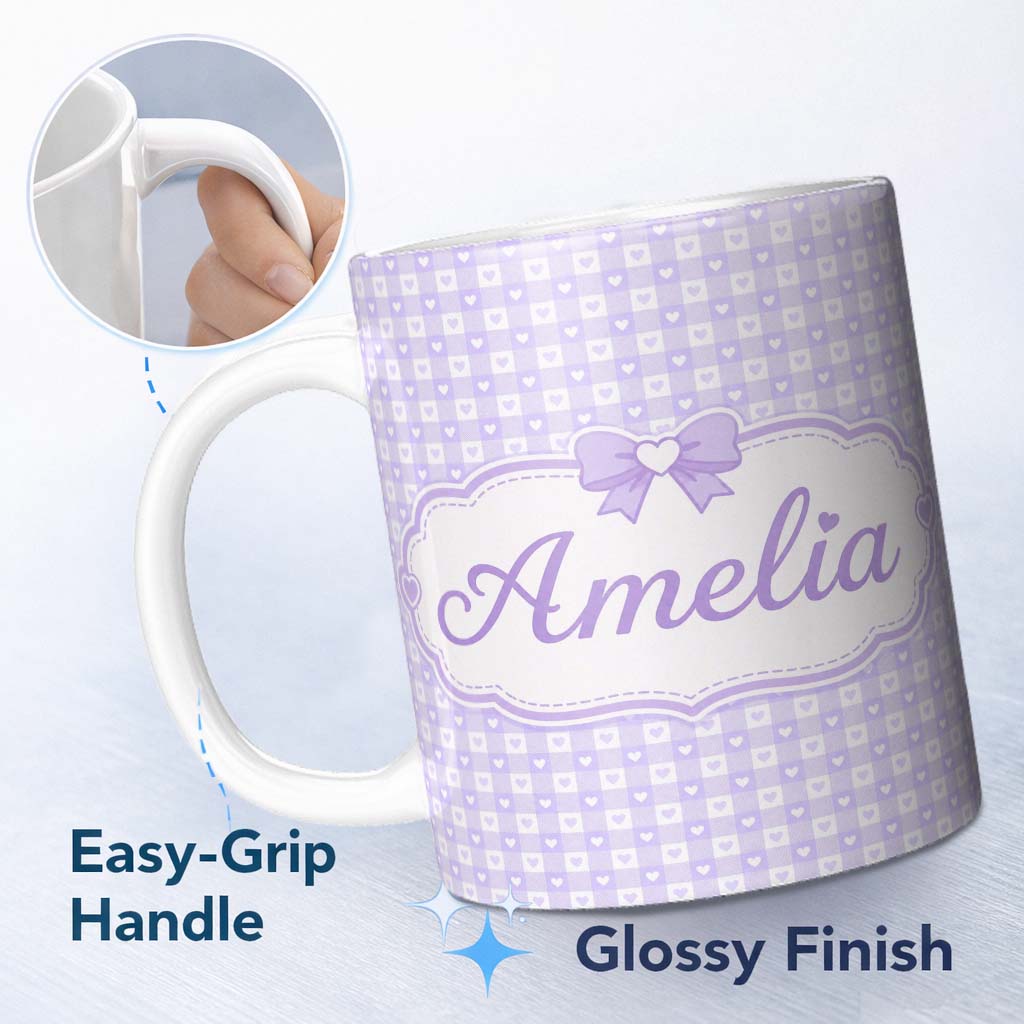 Personalized Custom Name Lilac Gingham Hearts Cute Check Pattern Soft Pastel Seamless Design 11oz Ceramic Coffee Tea Mug White Large Handle