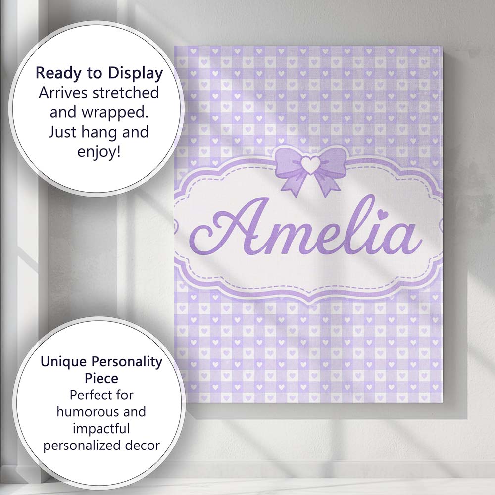Personalised Name Lilac Gingham Hearts Cute Custom Bespoke Interior Contemporary Canvas Wall Art Print Decor Picture Ready to Hang