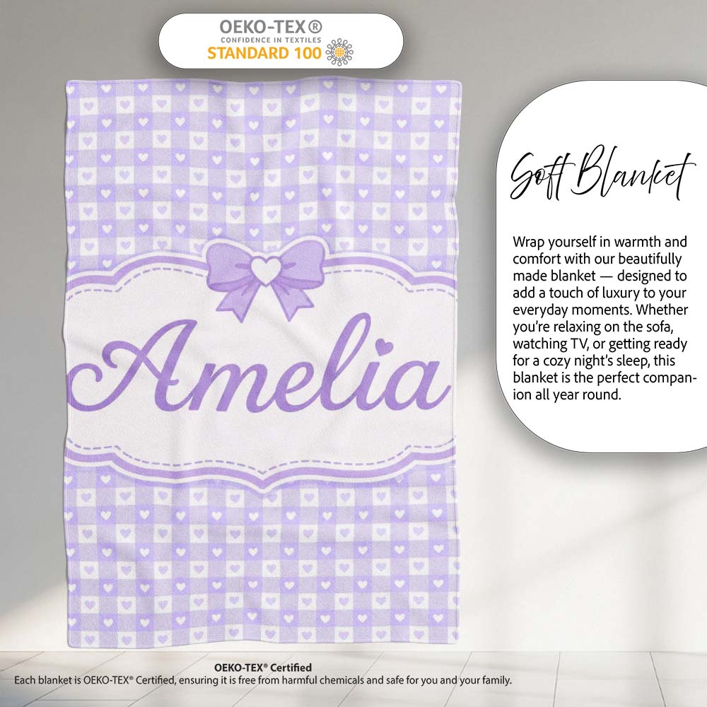 Lilac Gingham Hearts Cute Check Pattern Soft Pastel Seamless Design Personalised Custom Name Super Soft Fleece Blanket Bed Sofa Throw