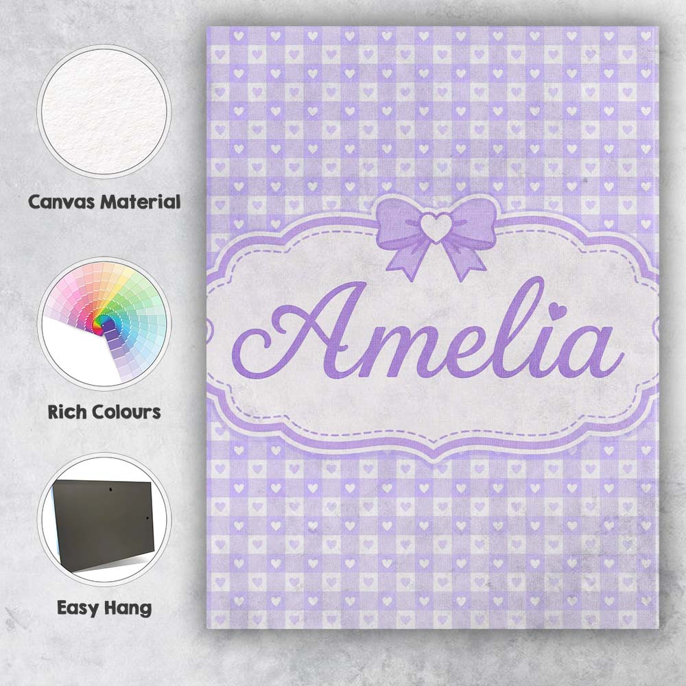 Personalised Name Lilac Gingham Hearts Cute Custom Bespoke Interior Contemporary Canvas Wall Art Print Decor Picture Ready to Hang