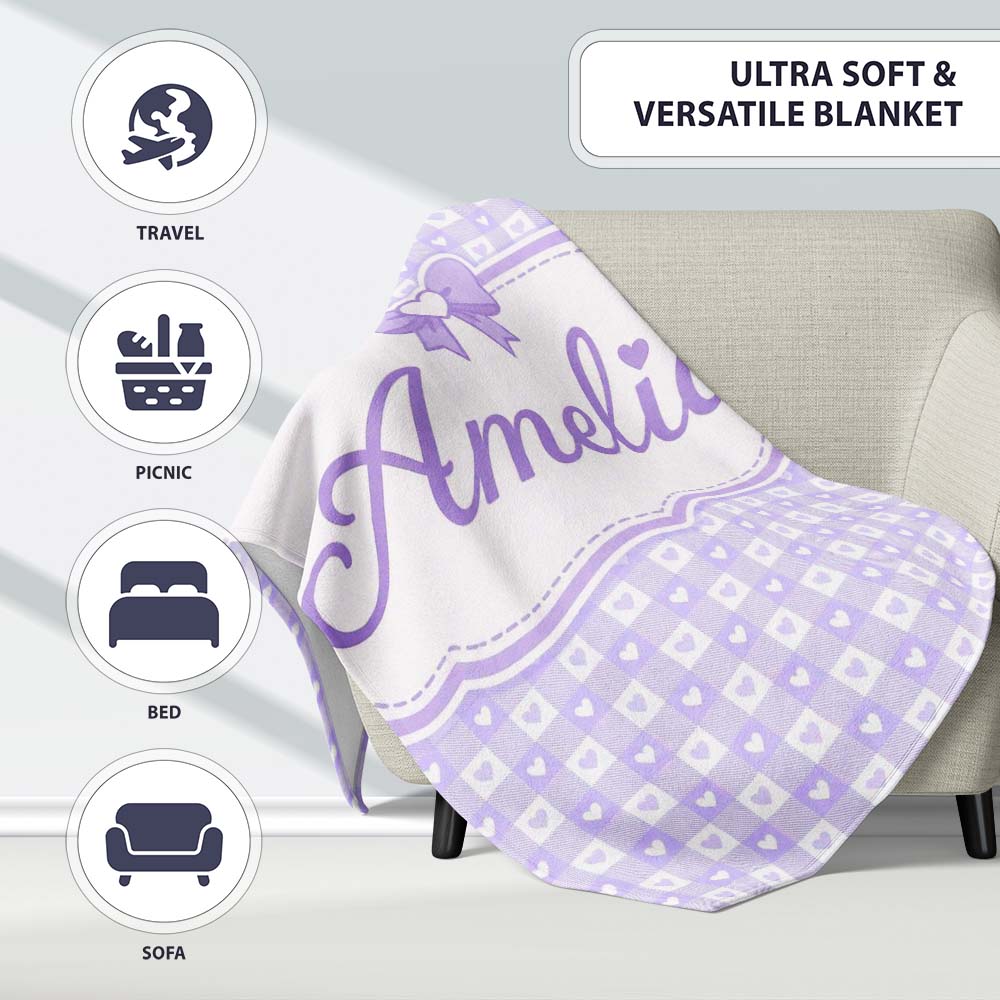 Lilac Gingham Hearts Cute Check Pattern Soft Pastel Seamless Design Personalised Custom Name Super Soft Fleece Blanket Bed Sofa Throw