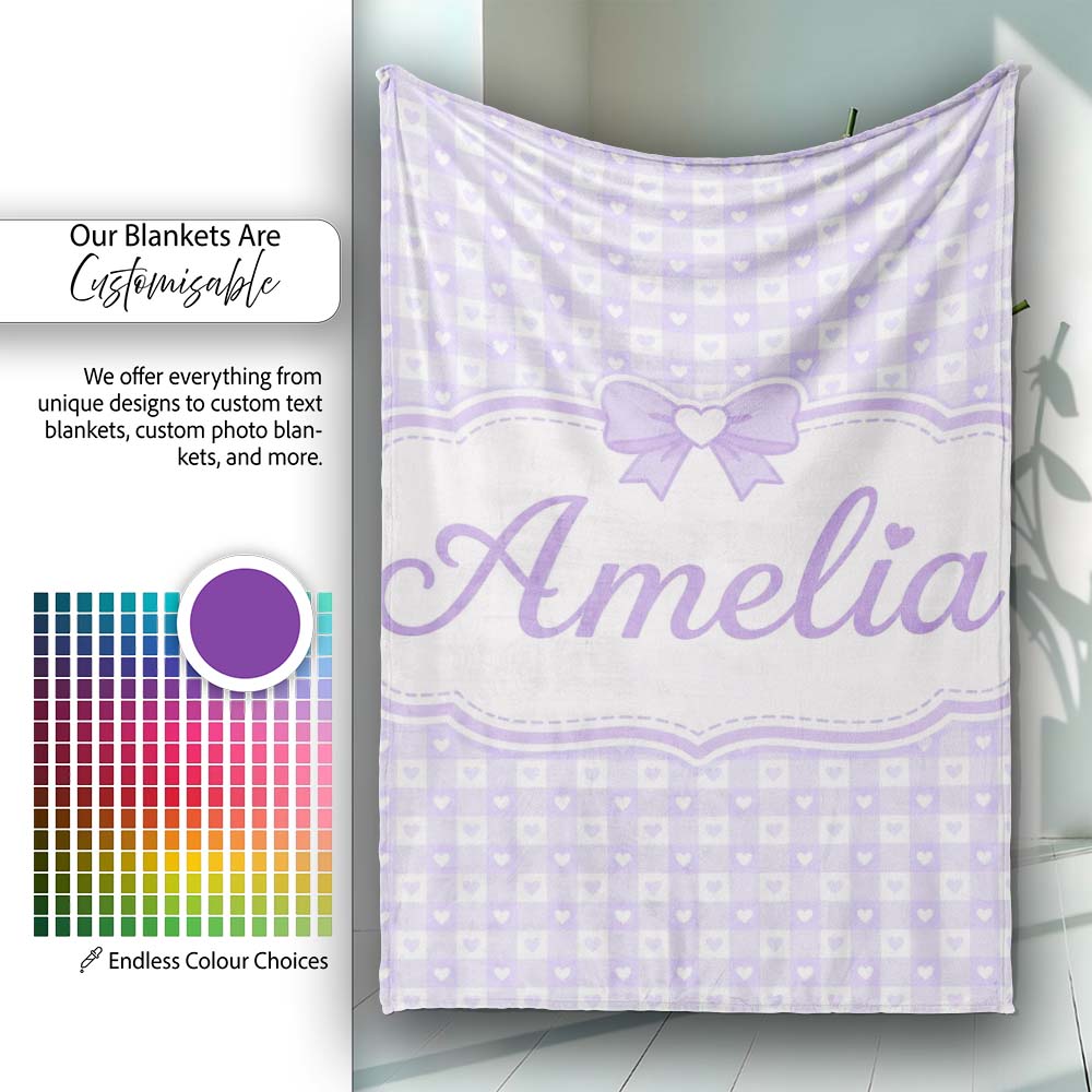 Lilac Gingham Hearts Cute Check Pattern Soft Pastel Seamless Design Personalised Custom Name Super Soft Fleece Blanket Bed Sofa Throw