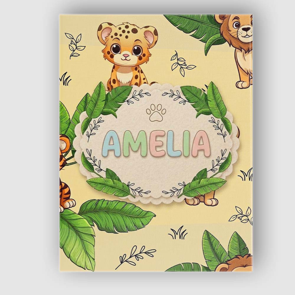 Personalised Name Cute Jungle Animals Lion Tiger Leopard Light Grey Custom Canvas Wall Art Print Decor Picture Ready to Hang