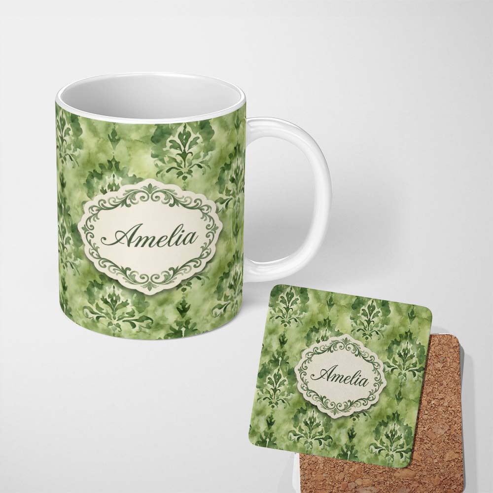 Personalized Custom Name Green Watercolor Damask Pattern Classic Ornamental Seamless Design 11oz Ceramic Coffee Tea Mug White Large Handle