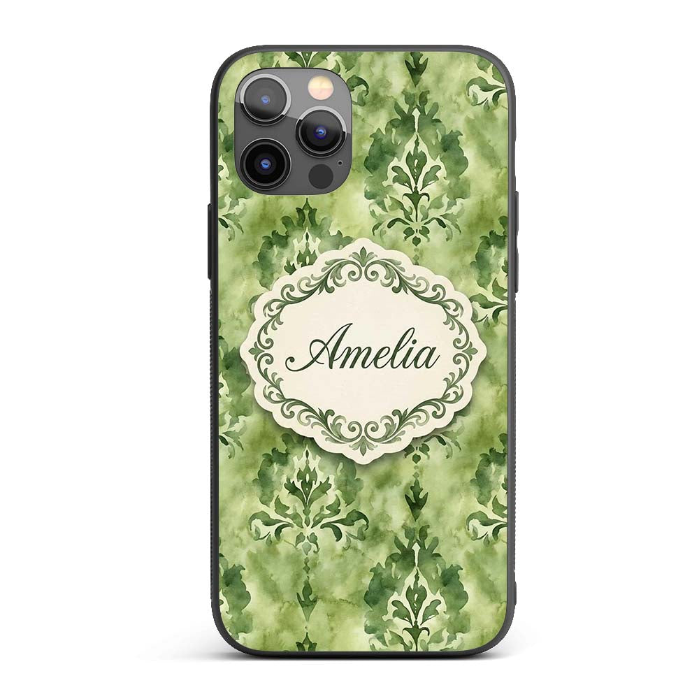 Green Watercolor Damask Pattern Printed Design Custom Name Protective Phone Case Mobile Cover Durable Everyday Smartphone Shock Resistant