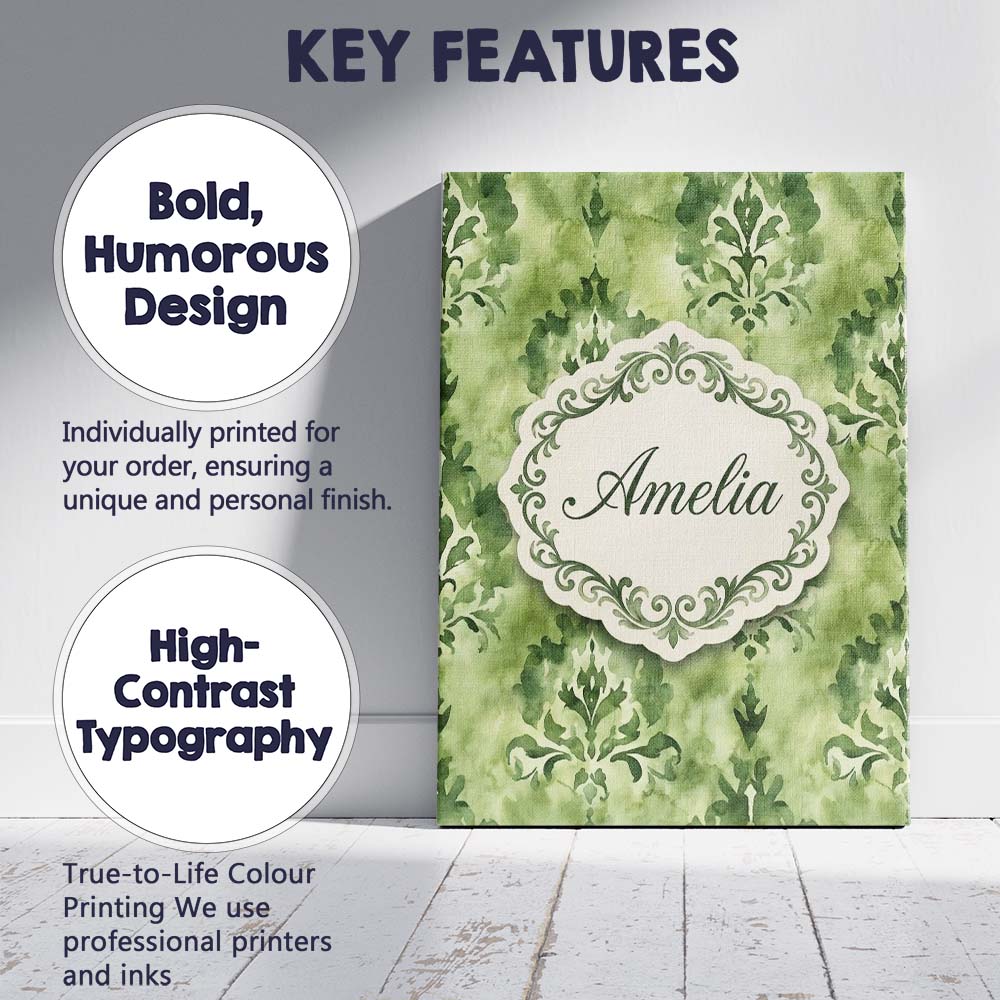 Personalised Name Green Watercolor Damask Custom Unique Gift Idea Elegant Feature Canvas Wall Art Print Decor Picture Ready to Hang