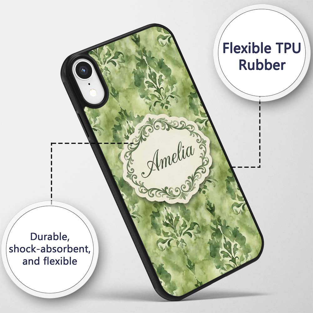 Green Watercolor Damask Pattern Printed Design Custom Name Protective Phone Case Mobile Cover Durable Everyday Smartphone Shock Resistant