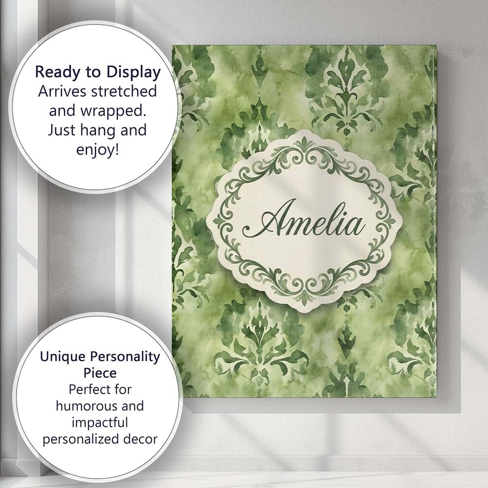 Personalised Name Green Watercolor Damask Custom Unique Gift Idea Elegant Feature Canvas Wall Art Print Decor Picture Ready to Hang
