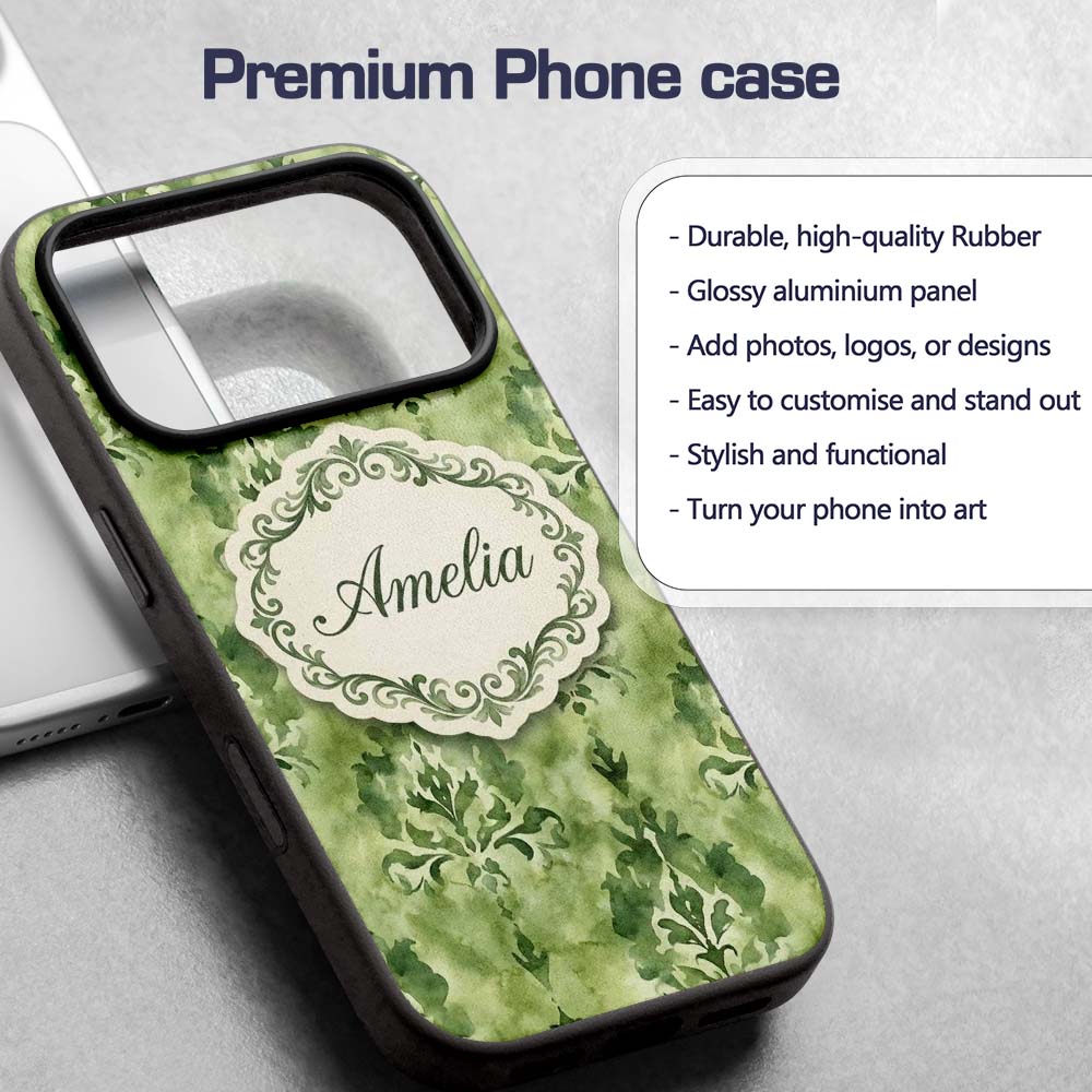 Green Watercolor Damask Pattern Printed Design Custom Name Protective Phone Case Mobile Cover Durable Everyday Smartphone Shock Resistant